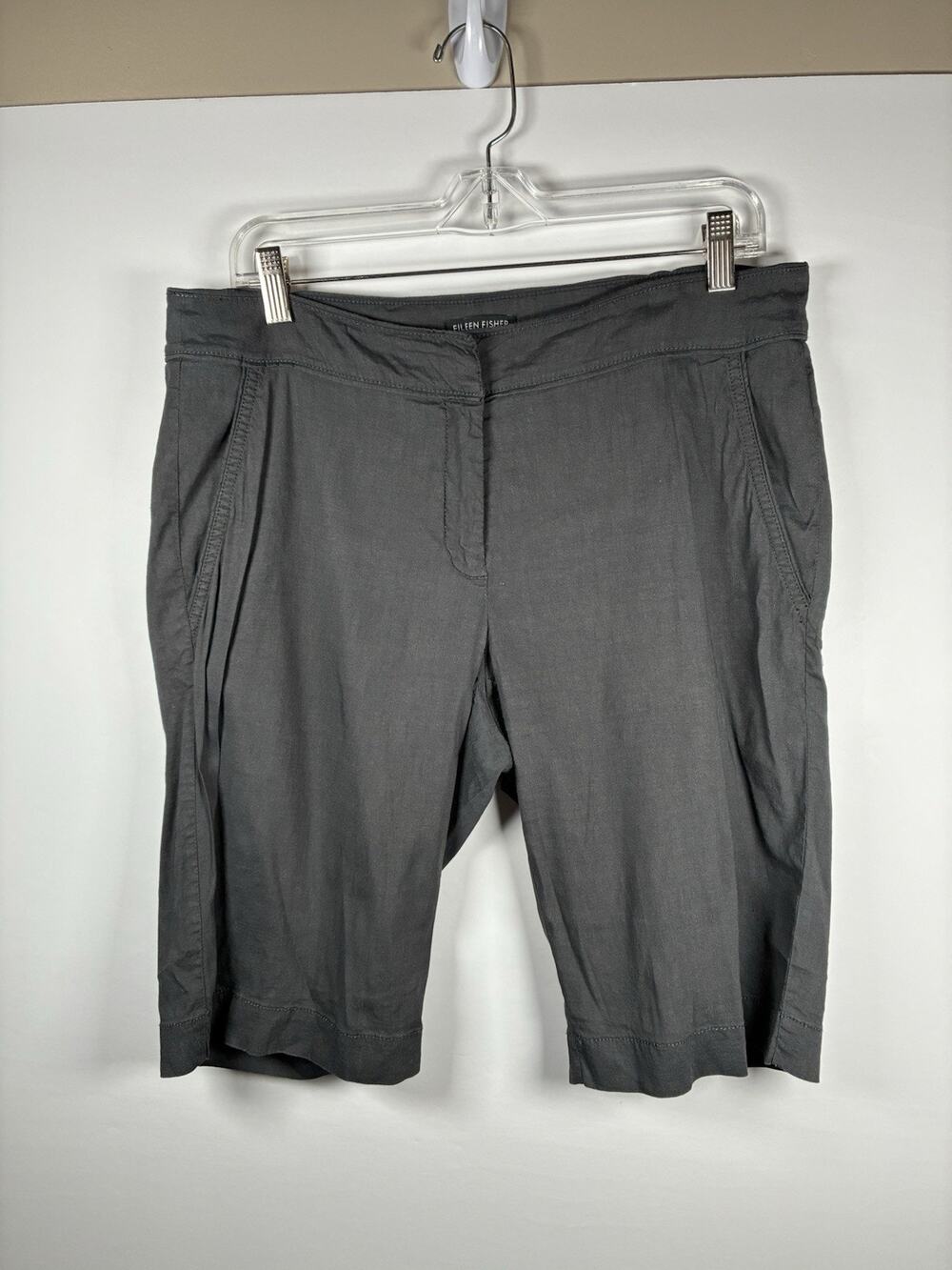 Eileen Fisher Womens 8 Linen Blend Bermuda Shorts Charcoal Gray Italian Fabric